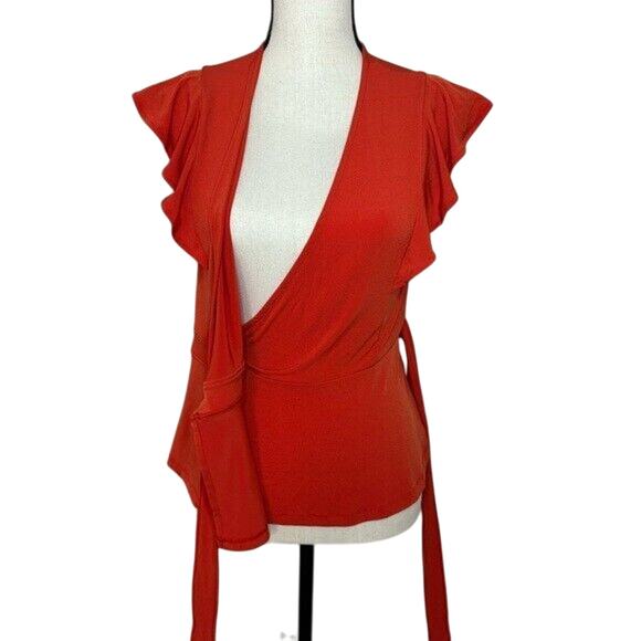 Banana Republic Top Women’s XS Short Sleeves Flare Side Knot Tie Orange Stretch - Picture 2 of 6
